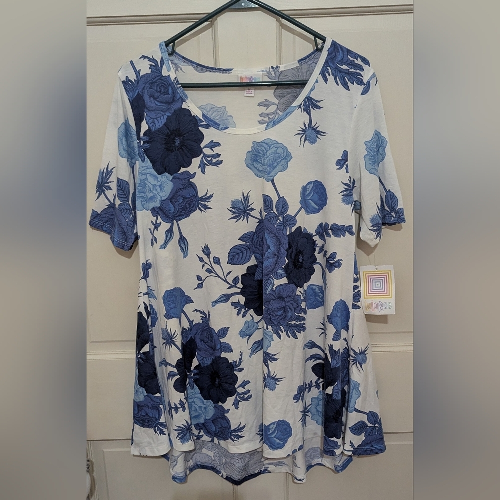 LuLaRoe Perfect T Short Sleeve Top with Blue Floral Design